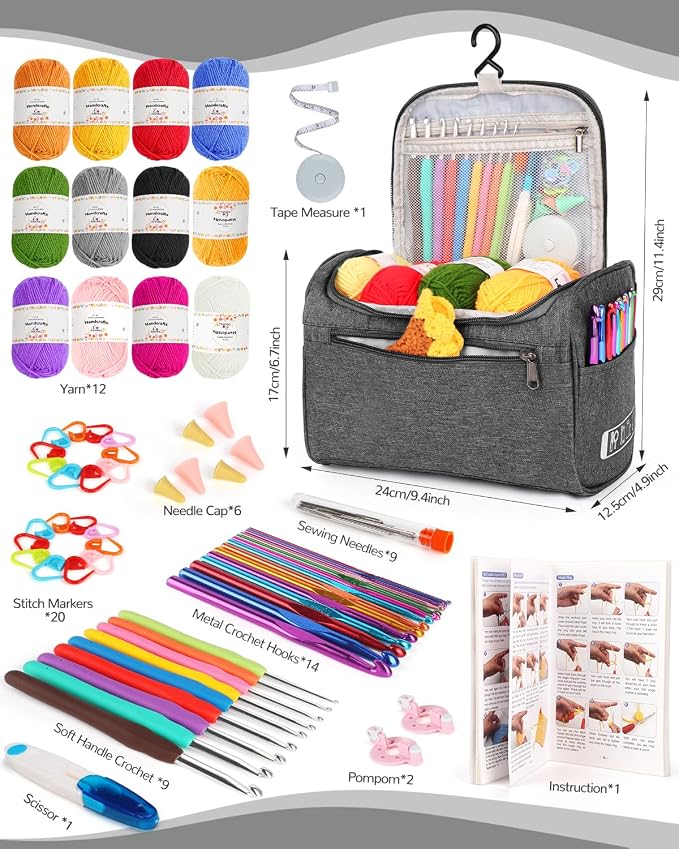 Aeelike Crochet Kit for Beginners Adults Kids, Complete Crochet Kits, Gray | Crochet Kit for Beginners Young and Old, All-inclusive Kit with Crochet Hooks 655 Yards Yarn Instruction Knit Bag, Ideal Gift
