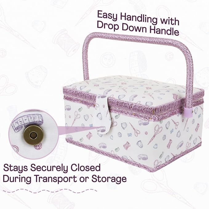 Large Wooden Sewing Basket with Accessories Sew Storage Organizer Box