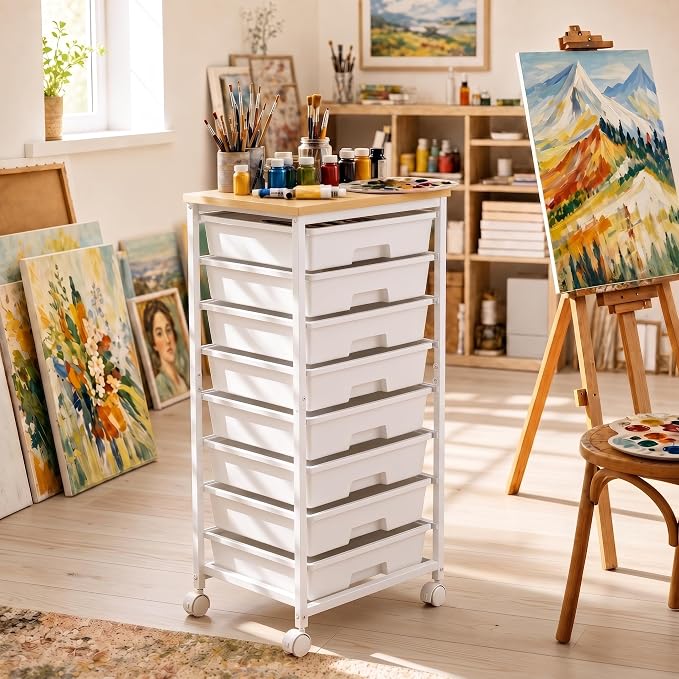 Pipishell Rolling Cart with 8 Drawers for Classroom, Craft & Art Room,White
