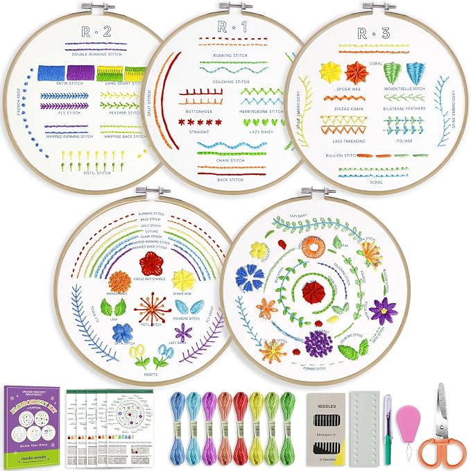 CYANFOUR 5 Stage Starter Embroidery Kit Easy to Learn from Video & Guidance | Easy to Learn 33 Different Stitches, Includes Multiple Accessories, Gift for Craft Lovers