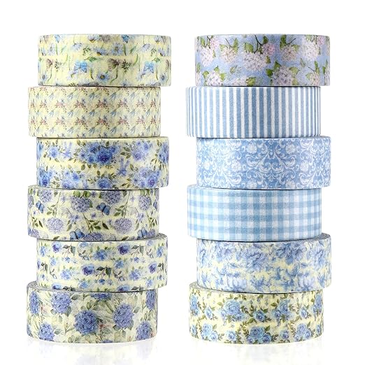 12 Roll Floral Washi Tape Set Flower Decorative Masking Tape for Scrapbook | Blue Hydrangea Washi Tape Set for Back to School Arts DIY Craft Scrapbook Journal Supplies Gifts