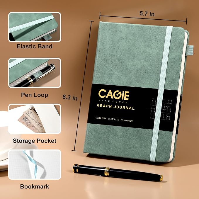 CAGIE Graph Paper Notebook- 320 Pages 100 GSM Graphing Grid Journal A5 Hardcover Leather Quad Ruled Notebooks for Engineering, Math, Work, Green