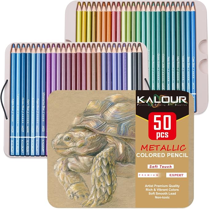 KALOUR 50 Piece Metallic Colored Pencils for Adult Coloring,Soft Core with Vibrant Color,Ideal for Drawing Blending Sketching Shading,Coloring Pencils for Adults Beginners