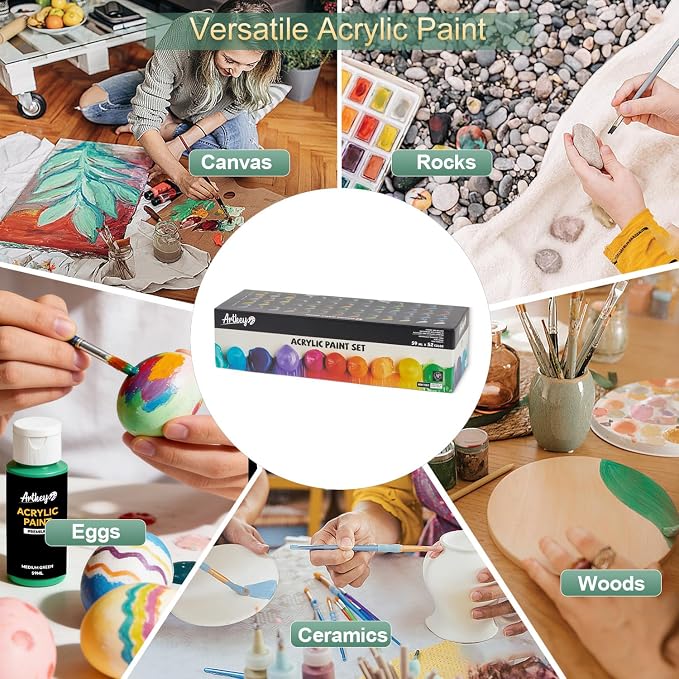 Artkey Acrylic Paint Set - 52 Colors 2 oz/59 ml Acrylic Paints Professional Artists Painting Kit for Canvases Fabric Rock Leather Easter Egg Wood Ceramic Glass Art Craft Painting