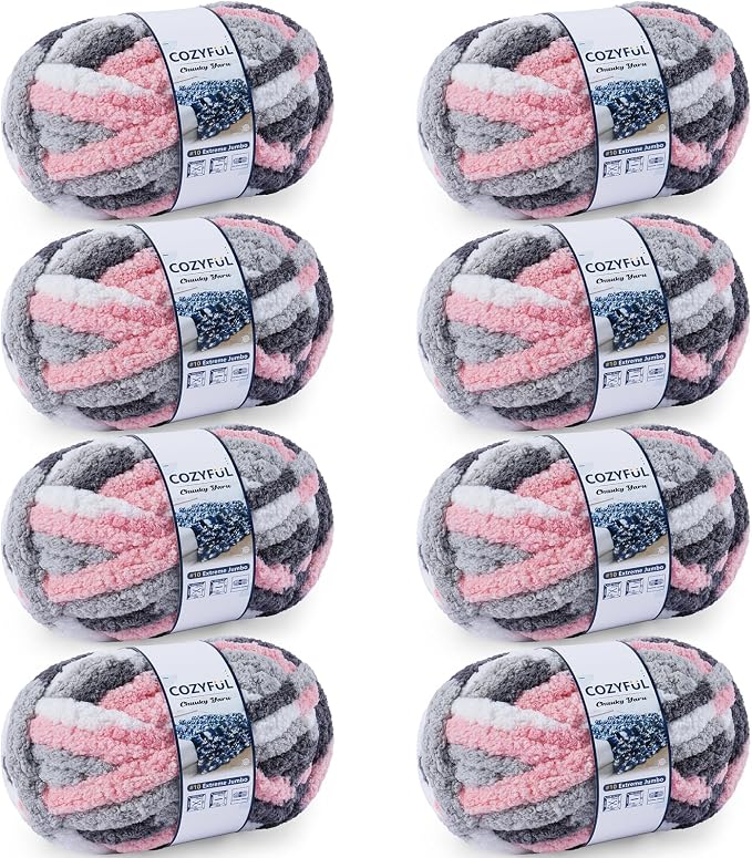 Cozyful Chunky Yarn for Hand Knitting - #10 Chunky Chenille Blanket Yarn, Jumbo Big Thick Chunky Yarns for Crocheting, Tie Dye Bulky Knit Yarns, 8 Skein (20 yds 8 oz Each Skein), Pink & Grey & White