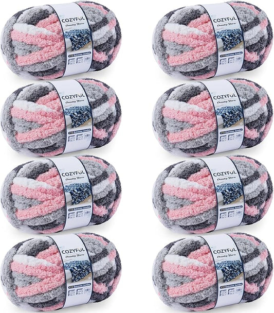 Cozyful Chunky Yarn for Hand Knitting - #10 Chunky Chenille Blanket Yarn, Jumbo Big Thick Chunky Yarns for Crocheting, Tie Dye Bulky Knit Yarns, 8 Skein (20 yds 8 oz Each Skein), Pink & Grey & White