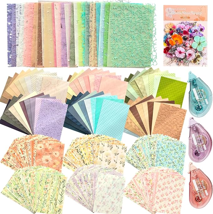 Flartmo Scrapbook Supplies Kit with 246 Sheets Textured & Floral Scrapbook Paper, 50 Pcs Flower Scrapbook Sticker & 3 Rolls Double-Sided Tape for Scrapbooking, Junk Journal, Card Making, Embellishment