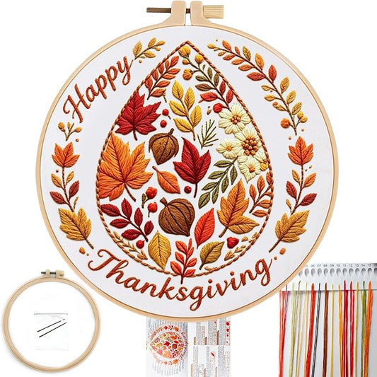 FONNUY Fall Embroidery Kit, Handmade Autumn Wreath Pre-Stamped Pattern for Beginners, Thanksgiving Harvest Home Decor, 8'' Hoop (Maple Leaves)