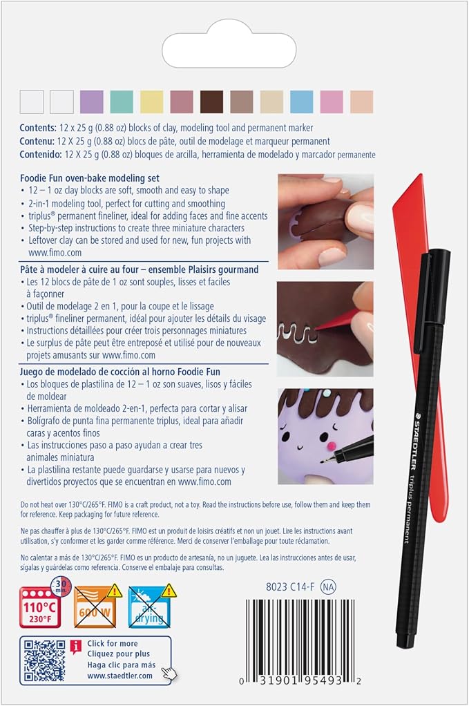 STAEDTLER FIMO Soft Polymer Clay Set: Foodie Fun, 12 Half Blocks, Sculpting Tool and Marker - Oven Bake Modeling Clay, Arts and Crafts for Beginners
