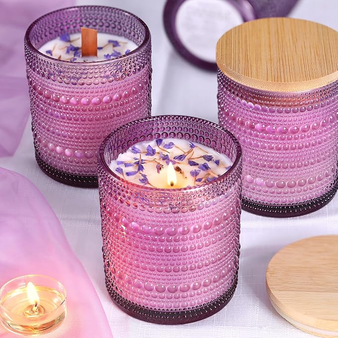 DARJEN 12 Pcs 10 oz Glass Candle Jars with Lids, Candle Tins-Purple | Thick Wall Ribbed Glass, Airtight Wood Lids- The go to candle jar for DIY, thoughtful gifters, growing candle brands