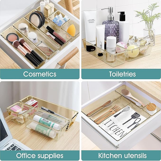 25 PCS Plastic Drawer Organizer Set, Makeup Organizers and Storage Bins | 4 Sizes Desk Drawer Divider Organizers and Storage Bins for Jewelry, Gadgets for Kitchen, Bedroom, Bathroom, Clear Champagne