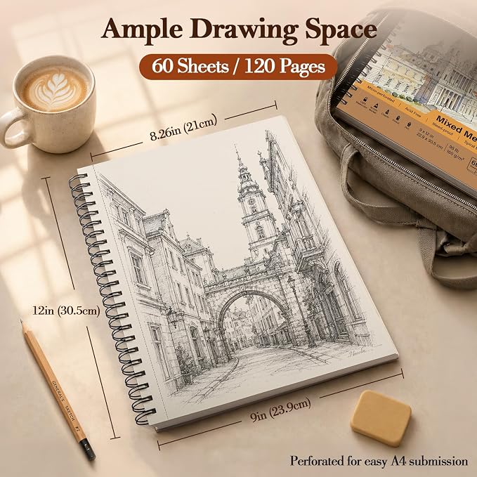 Mixed Media Sketch Book 9" x 12": 98lb/160gsm Spiral Drawing Pad, 2 Pack