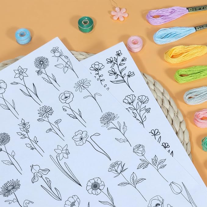 Patemby Embroidery Pattern Water Soluble Embroidery Stabilizers, Stick and Stitch Embroidery Paper Wash Away with Pre-Printed Pattern Designs Stencils Transfers for Hand Sewing Lover Beginner