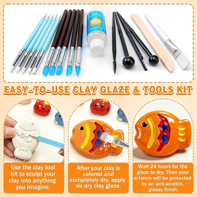 17PCS Silicone Clay Sculpting Tools, Dual-Ended Dotting Tools Set with 1.7 FL OZ Air Dry Clay Glaze for Pottery, Ceramic Modeling, Rock Painting, Art Blending - Ideal for Adults & Kids DIY Crafts