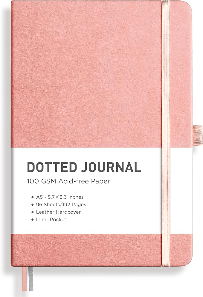 RETTACY Dotted Journal Notebook, 192 Pages, A5 Medium Size (5.7'' x 8.3'') | Leather Hardcover, 100 GSM Thick Paper, for Journaling, Planning, Tracking (Pink)