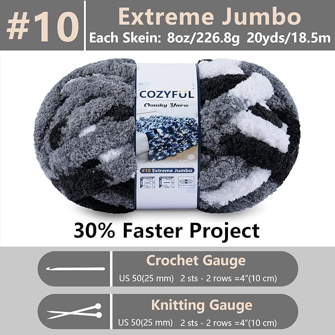 Cozyful Chunky Yarn for Hand Knitting - #10 Chunky Chenille Blanket Yarn, Jumbo Big Thick Chunky Yarns for Crocheting, Tie Dye Bulky Knit Yarns, 8 Skein (20 yds 8 oz Each Skein), Black & Grey & White