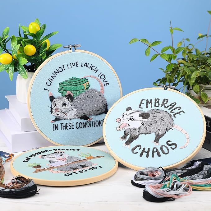 Mindsoft 3 Set Needlepoint Kit for Beginners with Hoop,Possum | Bamboo Hoop Thread Needles Instructions, Easy Hand Embroidery for Beginners Home Crafts,Pre-stamped Funny Cute Designs