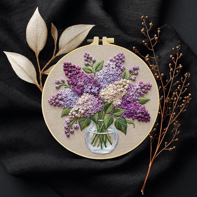 Full Range Embroidery Kit for Adult, Green Plant Pattern Embroidery Kit for Beginners Include Embroidery Cloth Hoops Threads for Craft Lover Hand Stitch with Embroidery Skill Techniques (clear glass)