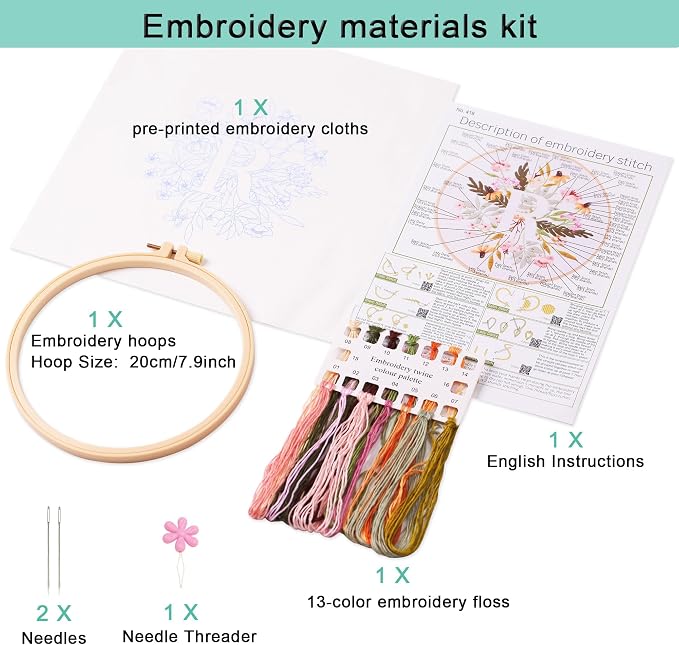 Harimau Letter R Pattern Embroidery Kit for Adult Beginners, Complete Starter Pack with 1 Hoop, Needles, Instruction Guide & Embroidery Stitch Video Tutorials