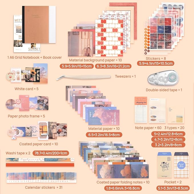 imoon Scrapbook Photo Album Supplies Kit with Tweezers and Glue Tape – Romantic Aesthetic Junk Journal Kit, Scrapbooking Paper, Sticker Pack, Notebook, DIY Craft, Gift for Adults (Sunset)