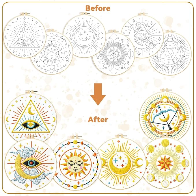 BEUNITONE 6Set Tarot Embroidery Kit for Beginners with Dreamy Pre-print Patterns, DIY Craft Kits for Adults Women with Embroidery Hoops and Full Kits, Needlepoint Kits for Home Decor and Gifts 20x20cm