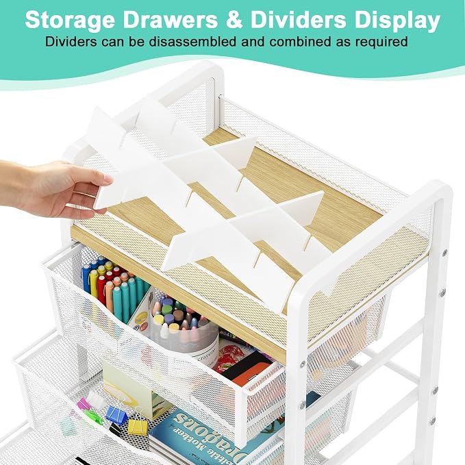 Hongtamoya Rolling Cart with 4 Drawers, Storage Cart with Dividers, White | Multifunctional Utility Cart, Storage Organizer with Lockable Wheels, Craft Art Trolley for Kitchen Office Classroom Bedroom