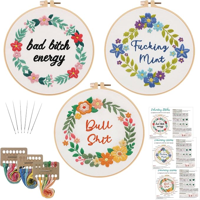 Louise Maelys 3 Pack Funny Quote Embroidery Kit for Beginners Floral | Cross Stitch Kits Include Pre-Printed Fabric, Embroidery Hoop, Threads, Needles and Guide. Needlepoint Kit for Beginners