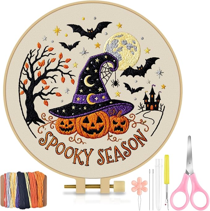 TINDTOP Halloween Embroidery Kit for Adult, Embroidery DIY Starter Kit, with Stamped Patterns, Hoop, Tools, Colorful Threads with Needles, Instructions (Halloween A)