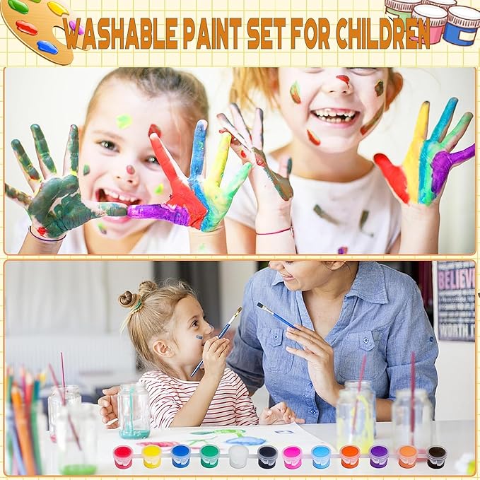 DUA MAIGA 420Pcs Washable Acrylic Paint for Kids Arts and Crafts, 30 Gouache Watercolor Paint Sets of 12 Colors for Party Classroom Painting Supplies, 30 Flat and 30 Pointed Brushes