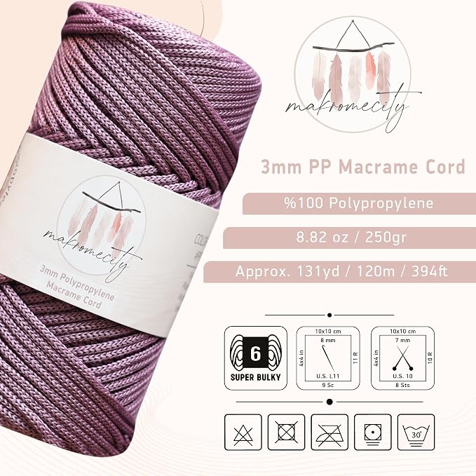 Makromecity, Premium Polyester Macrame Cord 3mm x 131 Yards (394 feet) 3mm Polypropylene Plum Macrame Cord Crochet Macrame Bag Cord Crafts for Wall Hangings, Bags, Underplate, Rug