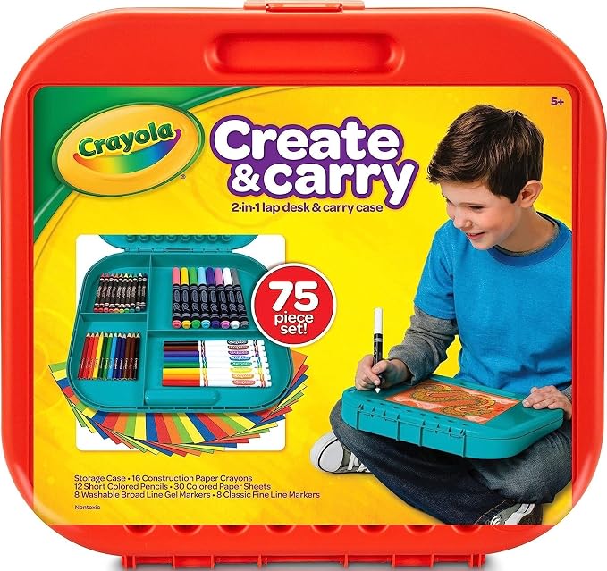 Crayola Create 'N Carry Travel Art Set for Kids (75pcs), 2-in-1 Lap Desk & Carrying Case, Essential Art Supplies Kit, Spring Crafting, Gift for Kids | Portable Art Set for Kids, Colored Pencils, Crayons, Markers, Drawing, Coloring, Crafting Gift for Bo...