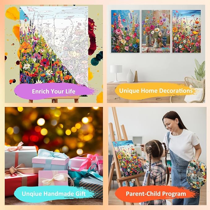 3 Pack Floral Framed Paint by Numbers for Adult with Wooden Easel 8x12 inch | Wildflowers Paint by Number on Canvas Oil Painting Kit with Brushes, Easy Adults' Paint-by-Number Kits for Home Wall Decor