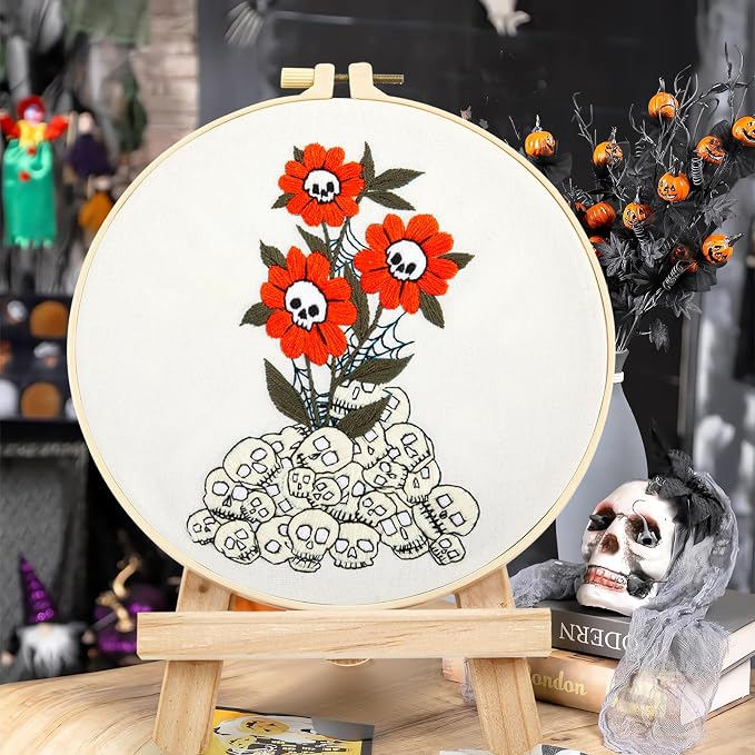 Crafmanoe Halloween Embroidery Starter Kit for Beginners Adults, Skull Flowers Stamped Cross Stitch Kits for Beginners Adults, Gothic Hand Embroidery Needlepoint Kits, Hoops, Fabric and Video Tutorial