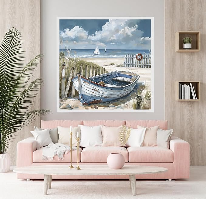 Accompany Wind Beach Scenery Diamond Art Kits for Adults, 5D Boat Diamond Painting Kits for Beginners,DIY Round Full Drill Diamonds Gem Art Crafts for Home Wall Decor Gifts 14x14 Inch