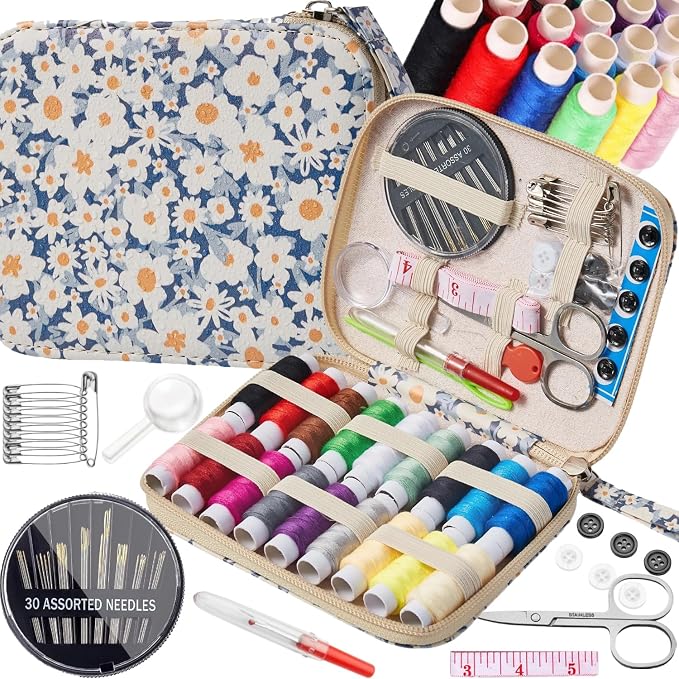 Daisy Sewing Kit Printing Sewing Kit,Professional Sewing Supplies for Adults, Zipper Sewing Needles Set, 87 PCS Travel Sewing Accessory for Emergency, Home