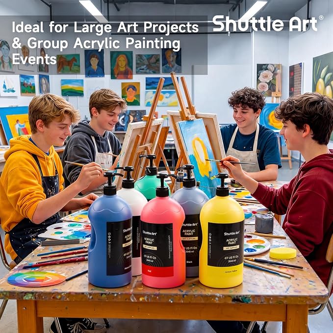 Shuttle Art 6 Colors Acrylic Paint Set, 69oz/2040ml Large Capacity Pump Bottles, Rich Pigments, High Coverage Paint, Fast Drying, Non-Toxic, for Canvas Wood Ceramic Rock Painting & DIY Crafts