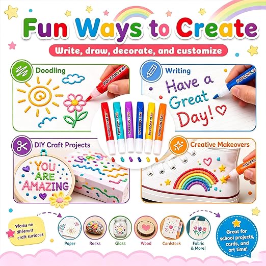 Popcorn Pens, 12PCS 3D Bubble Drawing Pen for DIY Artwork | Heat Activated Puff Paint, Raised Texture Craft Tool for Creative Painting, Coloring, Scrapbooking and Handmade Projects，12 Color