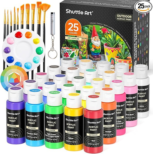 Shuttle Art 25 Colors Outdoor Acrylic Paint Set, 2oz/60ml Waterproof Acrylic Paint with 10 Brushes 1 Palette, Rich Pigmented Paints for Artists, Beginners on Rocks, Wood Crafts, Garden Statues