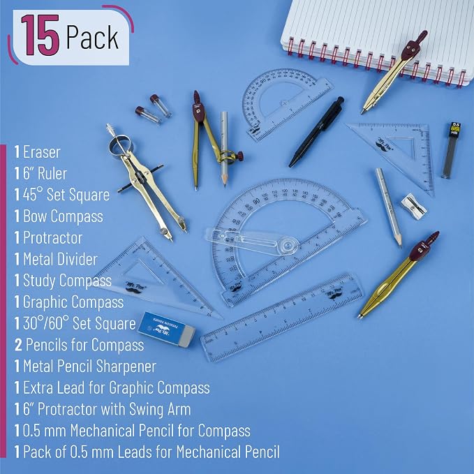 Mr. Pen- Geometry Set, 15 pcs, Gold, 6 Inch Swing Arm Protractor, Divider | Set Squares, Ruler, Compasses and Protractor