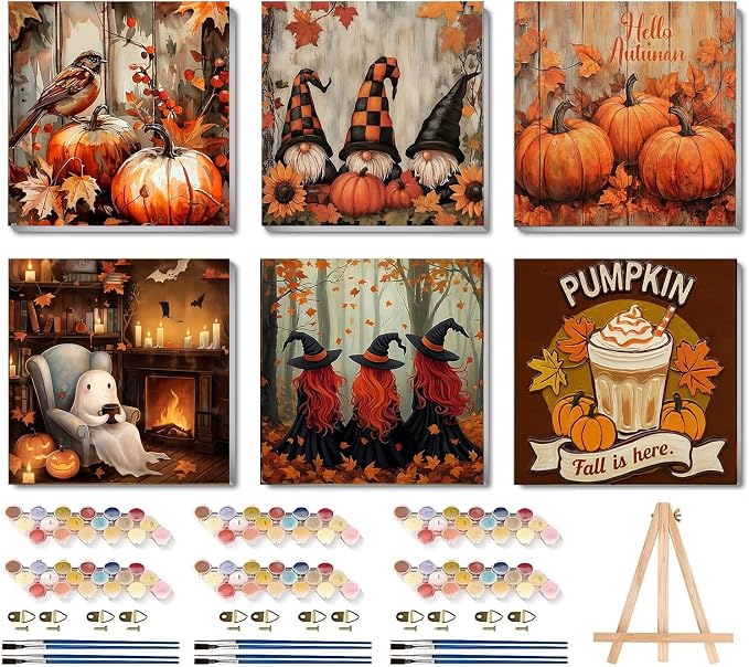 LWZAYS 6 Pack Fall Paint by Numbers Kit for Adults with Frame, Easy Autumn Paint by Number for Adults Beginner with Wooden Easel, DIY Painting by Numbers Canvas Framed for Home Decor 8 x 8 Inch