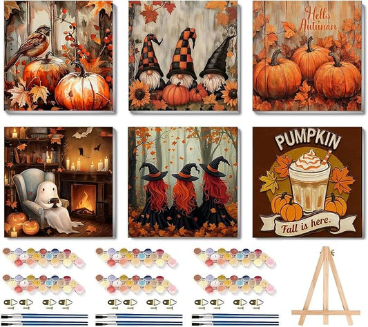 LWZAYS 6 Pack Fall Paint by Numbers Kit for Adults with Frame, Easy Autumn Paint by Number for Adults Beginner with Wooden Easel, DIY Painting by Numbers Canvas Framed for Home Decor 8 x 8 Inch