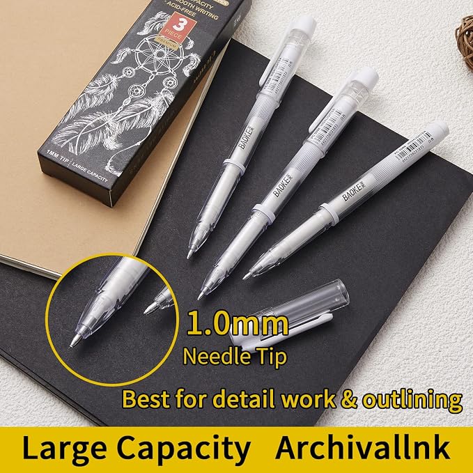 Qionew White Gel Pen Set, 1mm Gel Ink Pens Opaque White Archival Ink Pens for Black Paper Drawing, Sketching, Illustration, Card Making, Bullet Journaling