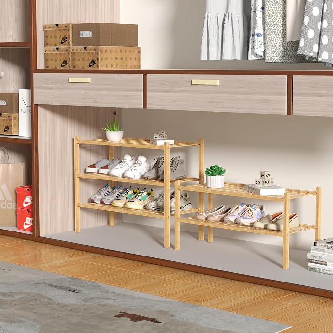 ROMGUAR CRAFT 3 Tier Bamboo Shoe Rack for Closet Free Standing Wood Shoe Shelf Storage Organizer for Entryway Small Space Stackable 27"x11"x20" (Natural) (Pack of 2)
