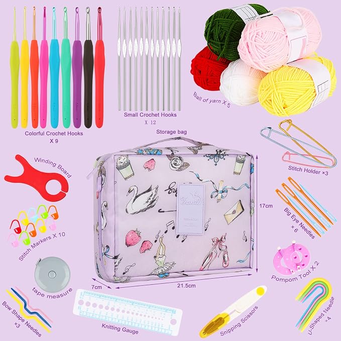 Aeelike Beginner Crochet Kit, Light Purple | 59pcs Crochet Starter Kit for Adults and Kids, Basic Crochet & Knitting Supplies Kit for Beginners, Crochet Kit Storage Bag