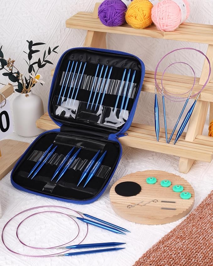 Aeelike 13 Pair Interchangeable Circular Knitting Needles 3-10 mm, Blue | Aluminum Interchangeable Knitting Needles with 4 Cables, Smooth Complete Needles Set for Socks Blankets Sweaters, Ideal Gift