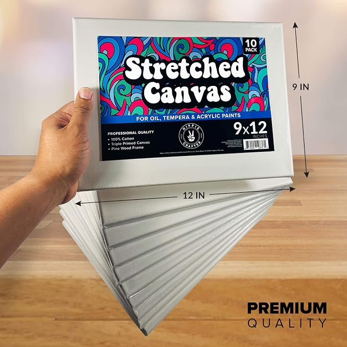 HIPPIE CRAFTER 10 Pack Stretched Canvases for Painting, 9x12 Blank Rectangle Canvas Boards, Ideal with Acrylic, Oil & Mixed Media Art, Small Art Canvases, Perfect Supplies for Bulk Projects