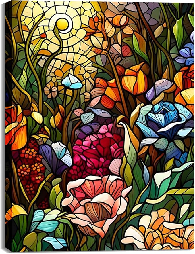 Stained Glass Flowers Paint by Numbers Kit for Adults Beginner 16x20 Inch | DIY Acrylic Painting by Numbers Flower, Without Frame Canvas, Stress Relief Craft Kits, For Home Decor Gift