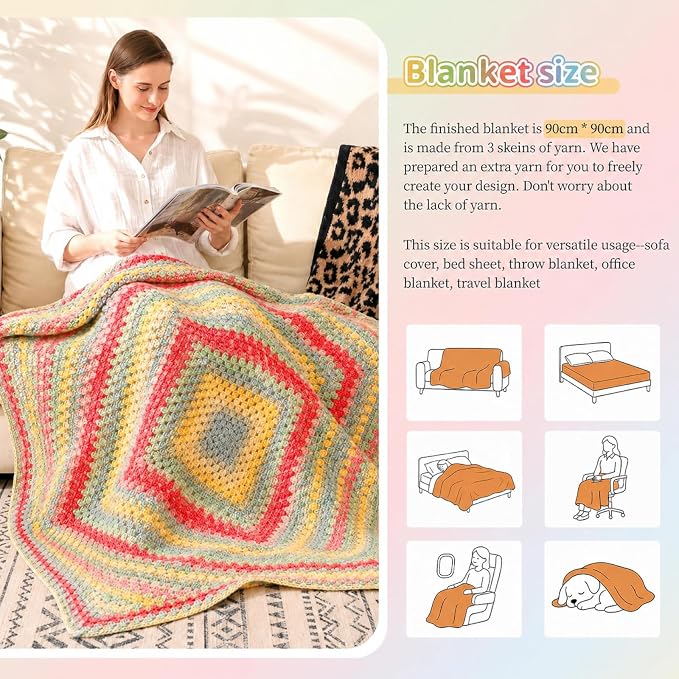 Coopay Crochet Kit for Beginner Crochet Blanket Kit w/Step-by-Step Tutorial | Granny Square Blanket kits with 600g Crochet Yarn, Hooks & Complete Tools, Crochet Blanket Kit Gift for Adults & Beginners