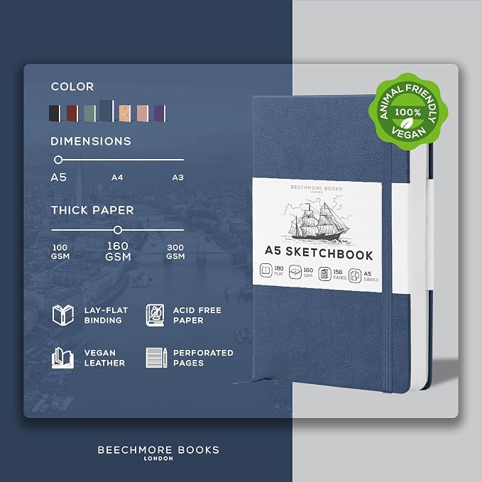 Beechmore Books A5 5.8x8.3 Mixed Media Sketchbook 160 GSM/98LB, Gift Box | Hardcover Art Journal with Lay-Flat Binding, 156 Perforated Ivory Pages, Portable Size for Drawing, Ink & Light Watercolor