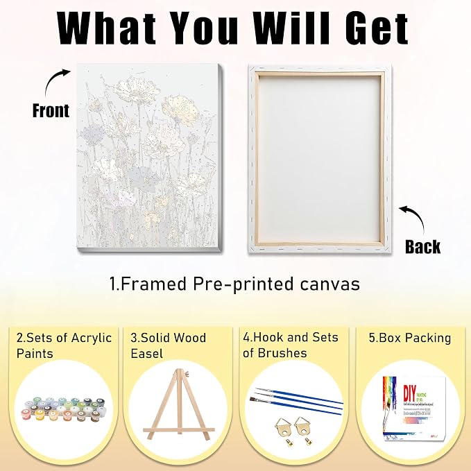 Ausanrl Flowers Framed Paint by Numbers Wooden Easel - Adult Paint by Number Kits on Canvas Framed, Floral Paint by Numbers with Frame,Gifts and Home Wall Decor 12x16inch